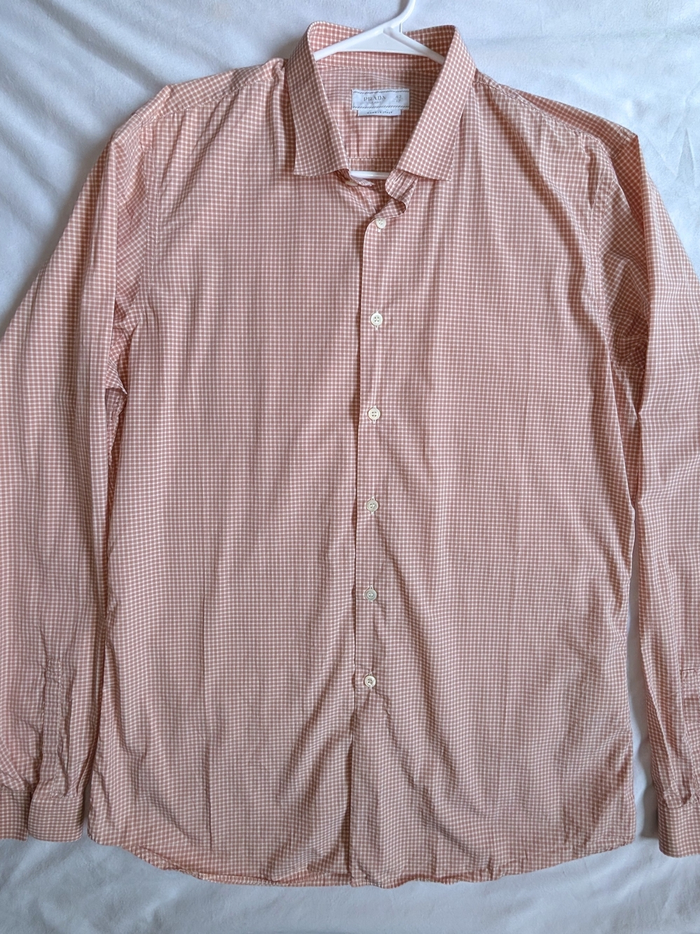 Prada Orange White Gingham Check Button-Down Shirt 43 17